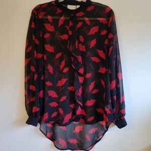 Bisou Bisou Sheer Button Up Blouse Red Lips Graphic Whimsigoth Office Siren y2k